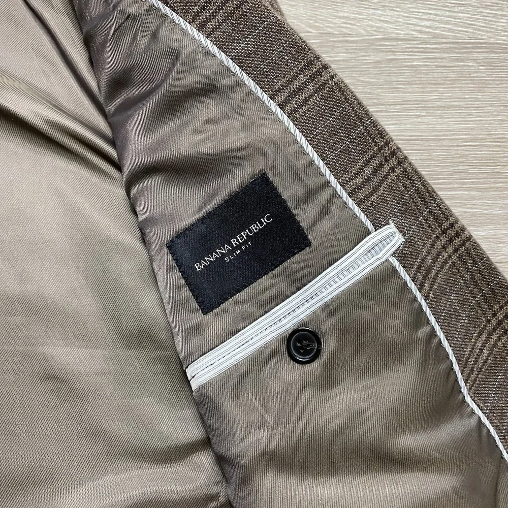 Banana Republic Glen Plaid Blazer Men's 38R Slim Fit Brown Cotton T.B.M. Fabric